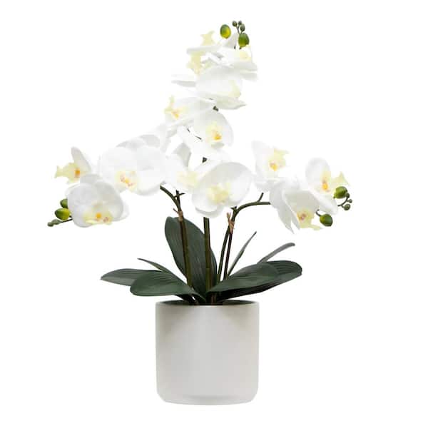 Nearly Natural 19 in. White Artificial Triple Stem Orchid Flower Arrangement