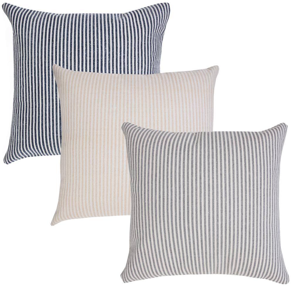 Coastal Off-White and Gray Striped Cotton 20" Square Throw Pillow