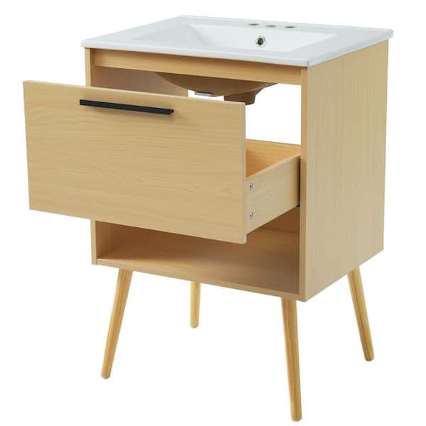 24 in. Single Sink Natural Wood Color Bath Vanity with White Ceramic Top