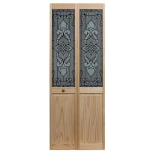 23.5 in. x 80 in. Bistro Glass Decorative 1/2-Lite Over Raised Panel Pine Wood Interior Bi-fold Door