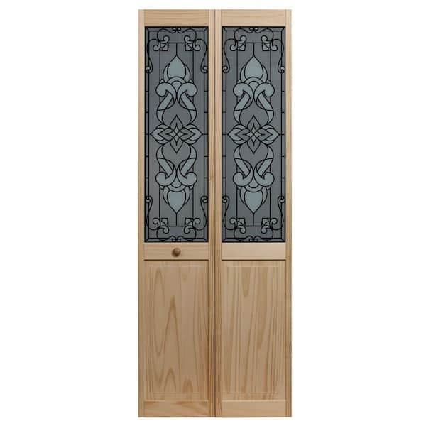 32 in. x 80 in. Bistro Glass Decorative 1/2-Lite Over Raised Panel Pine Wood Interior Bi-fold Door