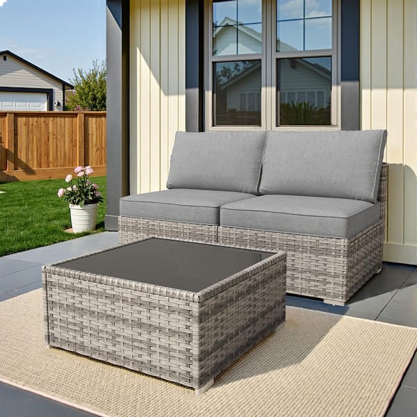 XIZZI Charm 3 Pieces Wicker Patio Conversation Seating Sofa Set with Dark Grey Cushions and Coffee Table