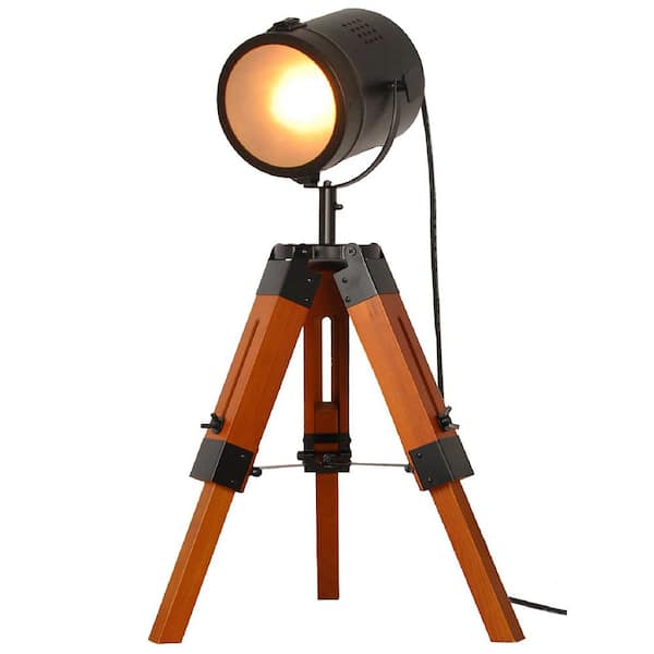 24 in. 1-Light Black Wood Adjustable Height Round Tripod Table Lamp for Living Room with Rotate Metal Shade Foot Switch