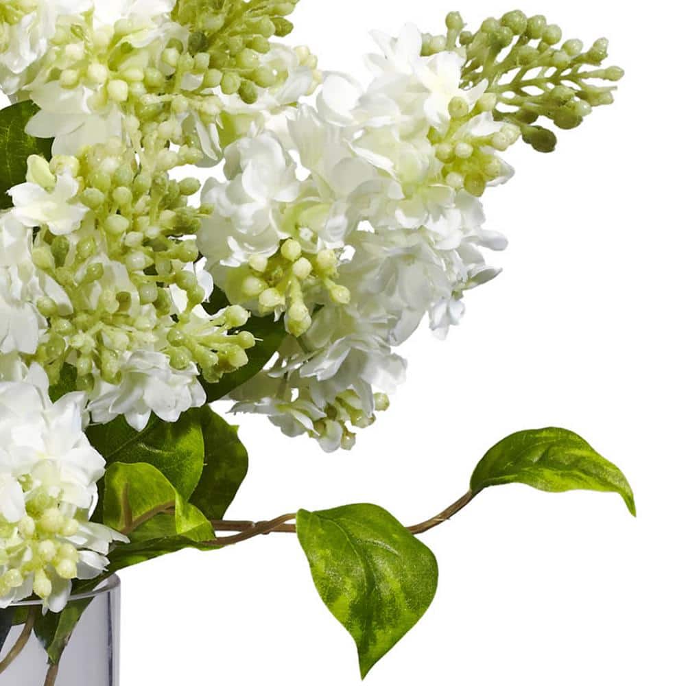 White and Green Lilac Silk Flower Arrangement in Glass Vase