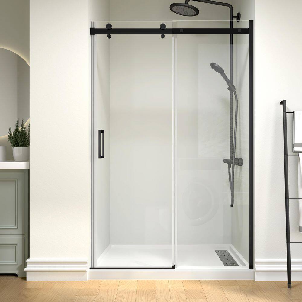 Modern 48 in. W x 74 in. H Single Sliding Frameless Shower Door in Matte Black Finish with 5/16 in. (8mm) Clear Glass price history on PriceWatchPro