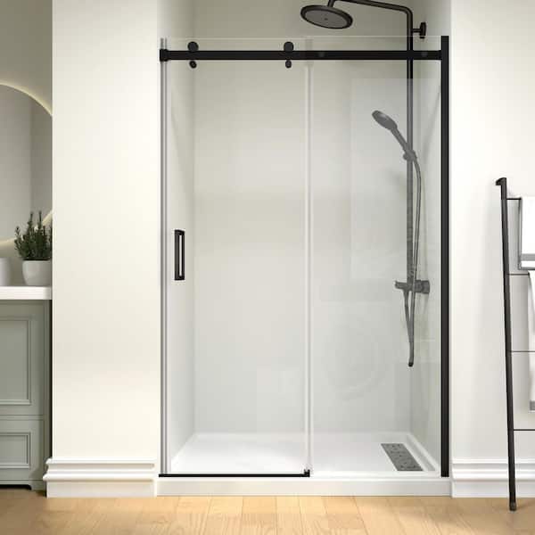 Modern 48 in. W x 74 in. H Single Sliding Frameless Shower Door in Matte Black Finish with 5/16 in. (8mm) Clear Glass