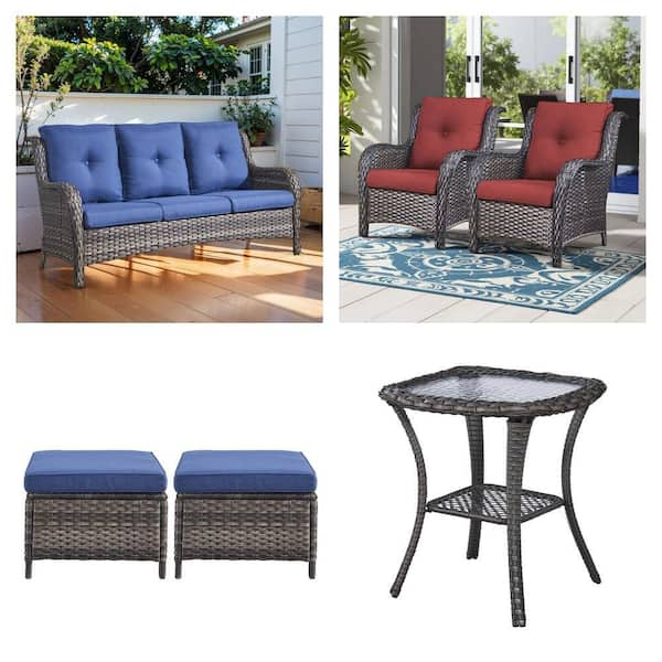3 Seat Wicker Patio Sofa (Gray/Blue), Lounge Chair (2-Pack), Ottoman (2-Pack), and Side Table Combo