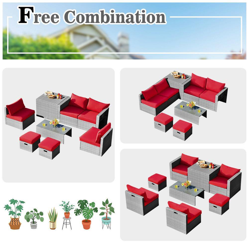 8-Piece Gray Rattan Patio Set with Red Cushions and Storage