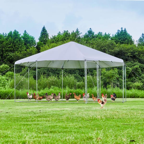 FIROMO 17.4 ft. x 9 ft. Octagonal Large Metal Chicken Coop, Walk-In, with Oxford Cloth Waterproof Cover, Lockable, White