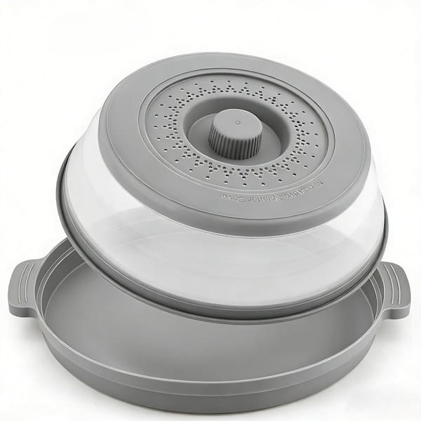 Plastic Silicone Collapsible Microwave Splatter Cover with Anti-Scald Base Plate, 10.7 in. Gray Kitchen Lid