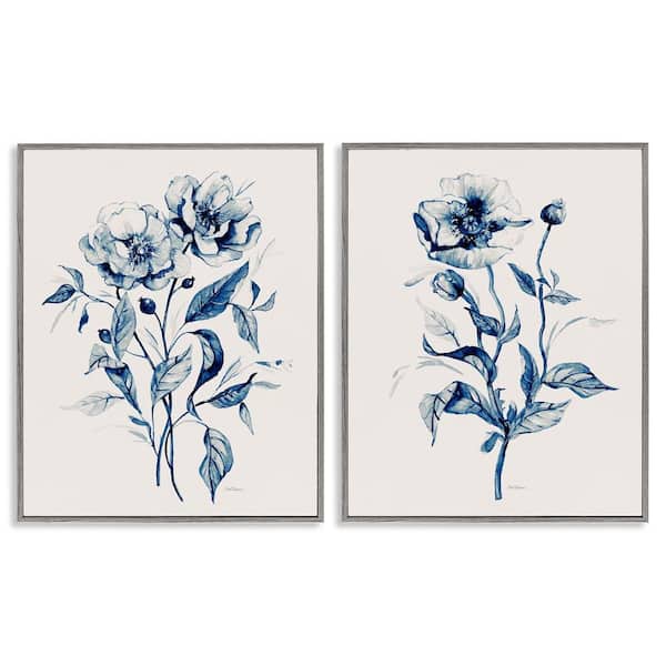 Stupell Industries Blue Sketched Flowers by Carol Robinson 2 Pieces Gray Framed Nature Giclee Art Print 30 in. x 24 in.