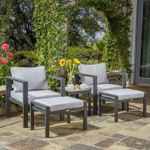 Lakeview Modern 5-Piece Aluminum Outdoor Bistro Set with Gray Cushions (Outdoor Chair, Ottoman, and Side Table Bundle)