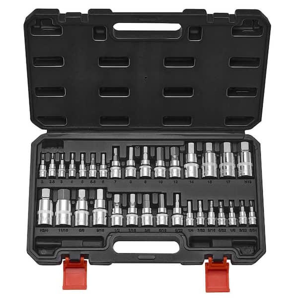 Hex Bit Socket Set, 32Piece, S2 Alloy Steel and Cr-V Steel,Standard SAE and Metric,1/4 in., 3/8 in., and 1/2 in. Drives