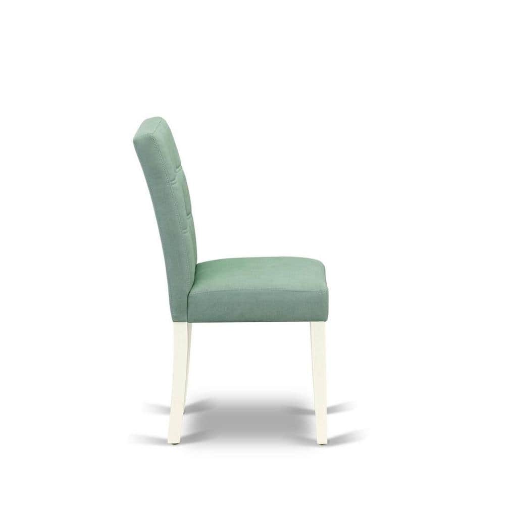 Linen White Round Pedestal Dining Table Set with Willow Green Faux Leather Chairs