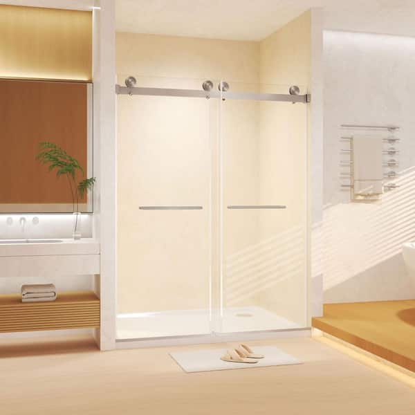 44-48 in. W x 74 in. H Frameless Double Sliding Shower Door in Brushed Nickel with Clear Tampered Glass