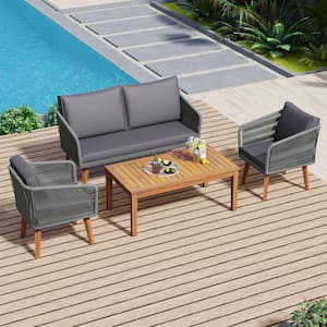 4 -Piece Wooden Sofa Set Patio Conversation Table and Chairs Outdoor Bistro Setting with Gray Cushions