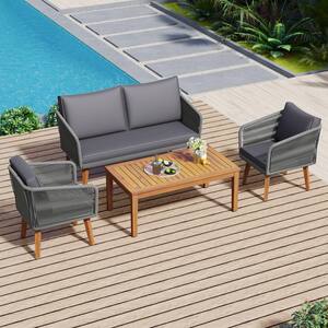 4 -Piece Wooden Sofa Set Patio Conversation Table and Chairs Outdoor Bistro Setting with Gray Cushions