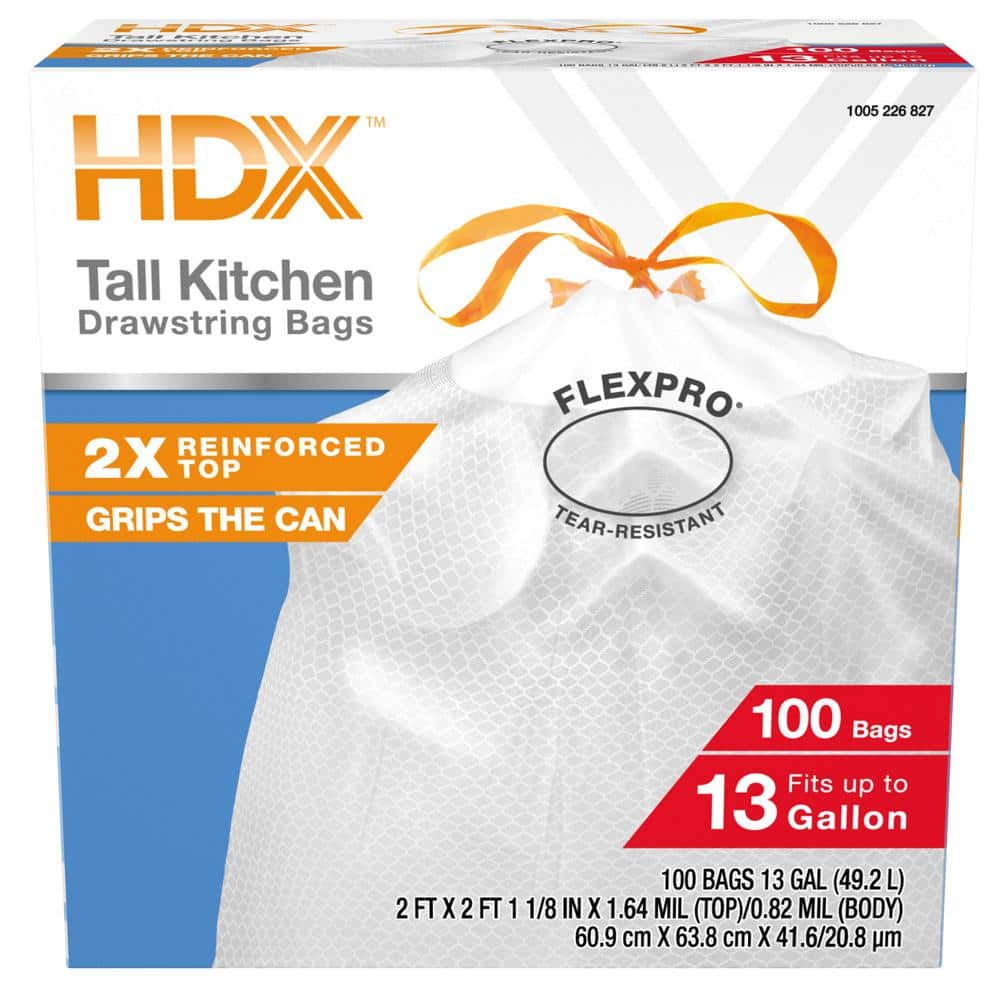 HDX FlexPro 13 Gal. Reinforced Top Drawstring Kitchen Trash Bags (100