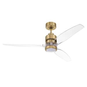 Sonnett WIFI 52 in. Integrated LED Indoor Dual Mount Satin Brass Finish Ceiling Fan Smart Wi-Fi Enabled Remote and Light