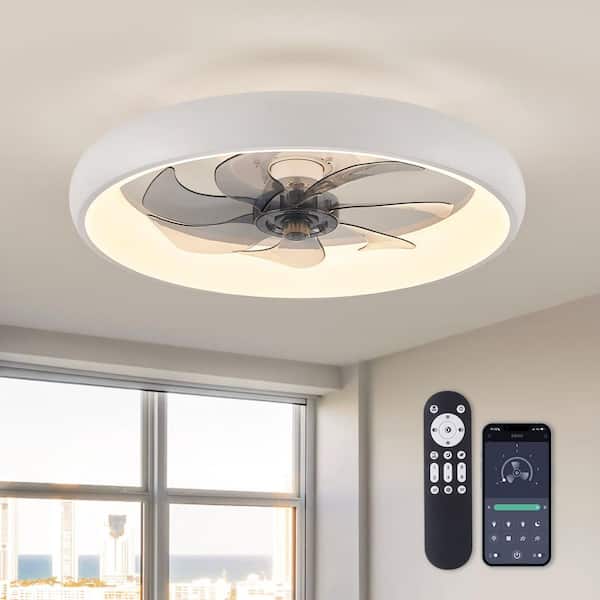 20 in. Smart Indoor Modern White Round Low Profile Ceiling Fan with Dimmable LED with Remote Included for Bedroom