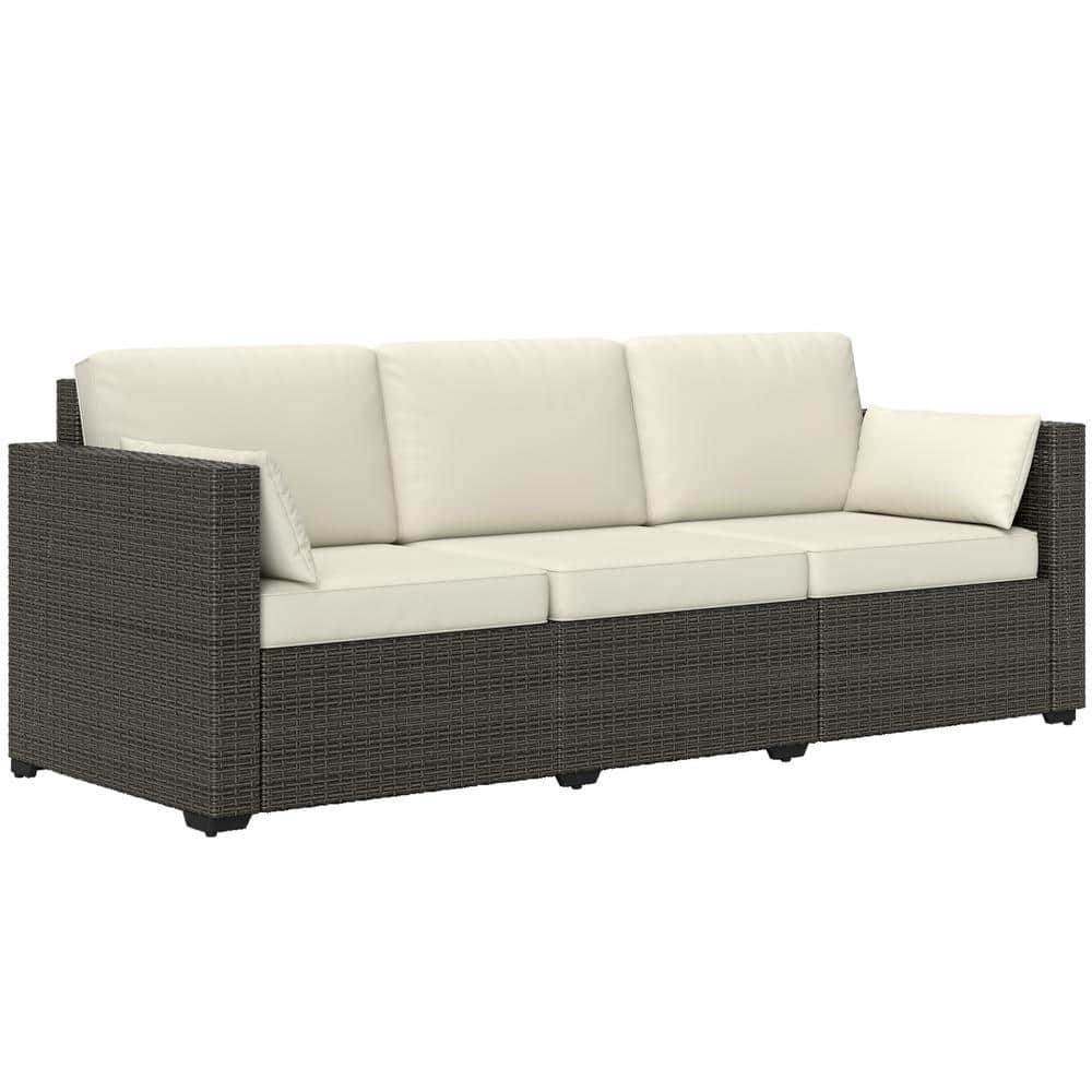 Metal Frame Outdoor Couch with Cream White Cushions, PE Rattan Sofa, Seats 
