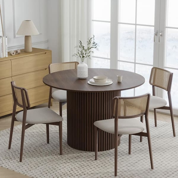 Dovelina 46 in. Walnut Oak Wood Color Column Pedestal Round Kitchen Table Dining Table Seats 4