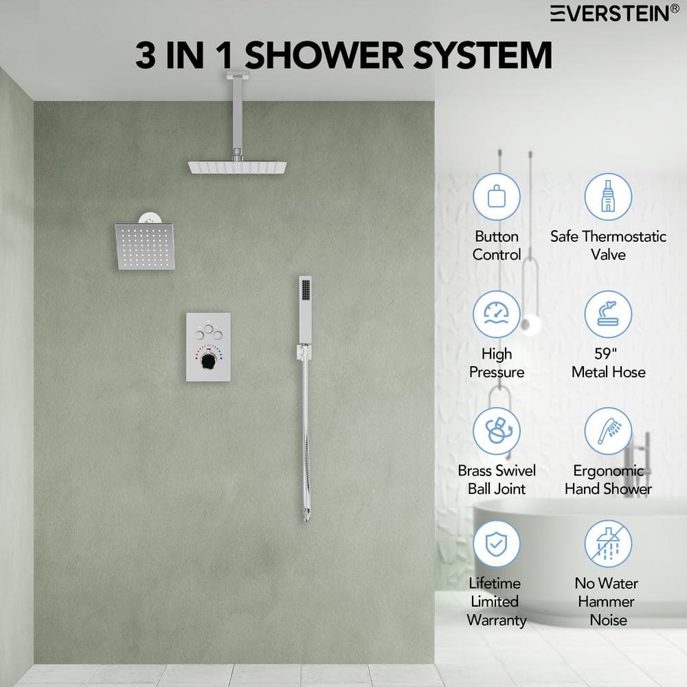 Chrome Dual Showerheads Thermostatic Shower Faucet with Handheld