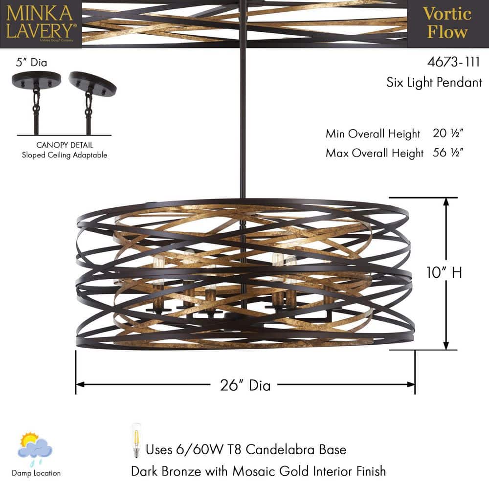 Vortic Flow 6-Light Contemporary Pendant in Dark Bronze with Mosaic Gold