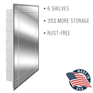 Vega 16 in. x 26 in. x 3-1/2 in. Frameless Recessed 1-Door Medicine Cabinet with 6-Shelves and 4 Groove Mirror