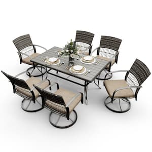 7-Piece Metal Patio Outdoor Dining Set with Rectangle Table and Rattan Swivel Chairs with Beige Cushion