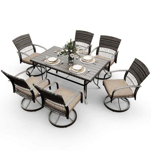 PamaPic 7-Piece Metal Patio Outdoor Dining Set with Rectangle Table and Rattan Swivel Chairs with Beige Cushion