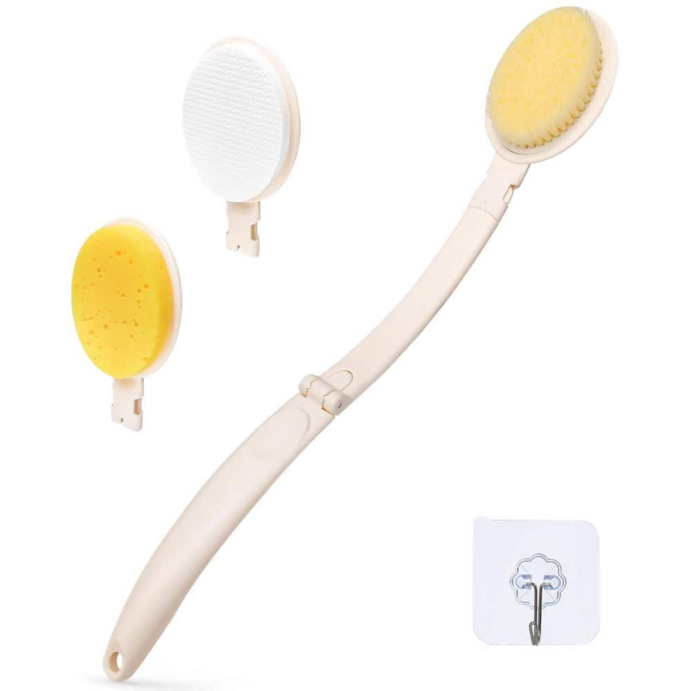1-Piece Bath Accessory Set with Foldable Long Handle Brush, Sponge and Lotion Applicator in White