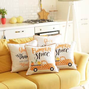 Fall Decorative Throw Pillow Pumpkin Truck & Quote 18 in. x 18 in. White & Orange Square Thanksgiving for Couch Set of 4