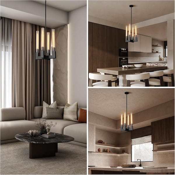 Luxury Pendant Light 12.6 in. 4-Light Black Modern Candle Style Chandelier with Glass Tube Dinning Room Kitchen Island