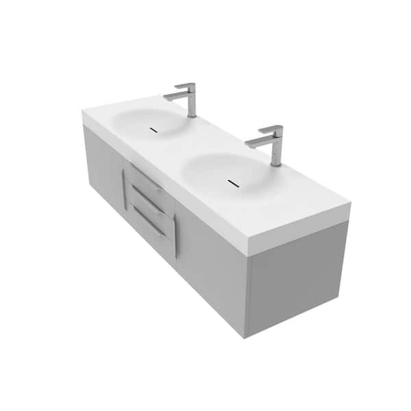 castellousa 60 in. W x 18.9 in. D x 16.25 in. H Double Floating Bath Vanity in Gray w Brushed Nickel Trim w Solid Surface White Top