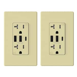 30-Watt 3-Port Type C & Dual Type A USB Duplex Outlet Smart Chip High Speed Charging Wall Plate Included, Ivory (2-Pack)
