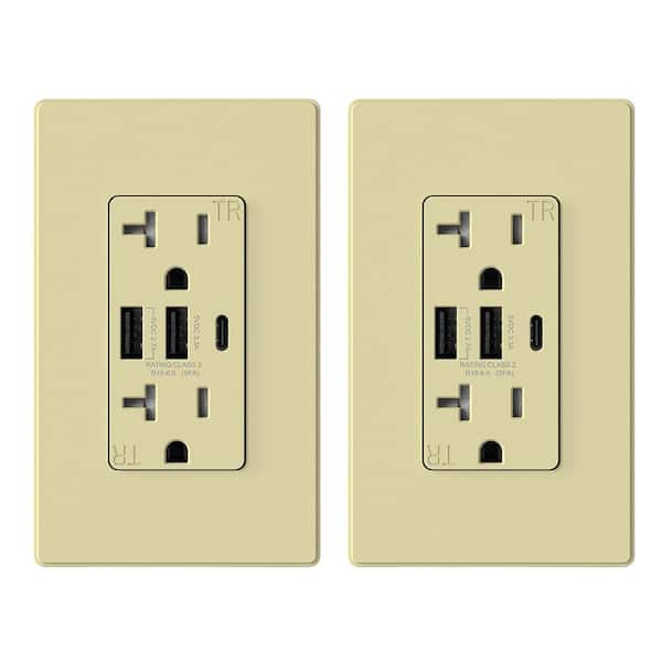 ELEGRP 30-Watt 3-Port Type C & Dual Type A USB Duplex Outlet Smart Chip High Speed Charging Wall Plate Included, Ivory (2-Pack)