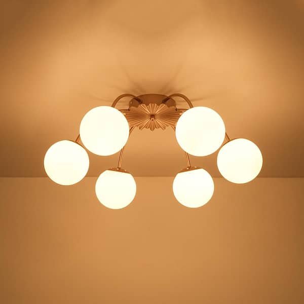 HUOKU Ceder 6-Light 26.4 in. W Painted Gold Semi-Flush Mount