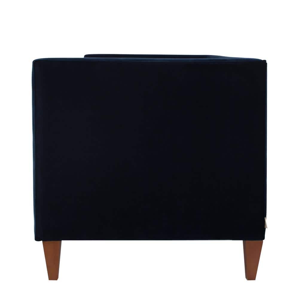 Dark Navy Blue Velvet Tufted Tuxedo Settee with Wood Legs