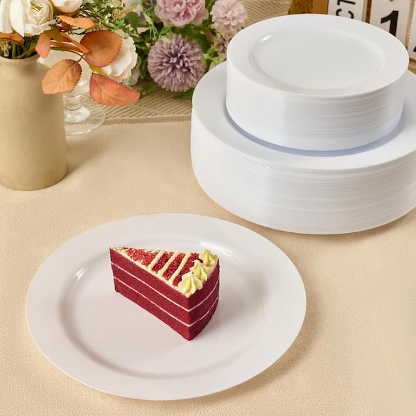 100 Count White Plastic Plates 10 in., Disposable Heavy Duty for Weddings, Parties and Events