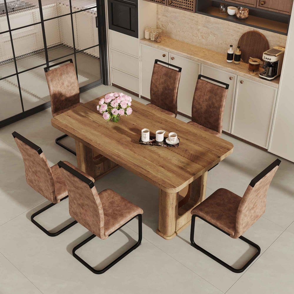 7-Piece Rectangular Brown/Black/Wood Wood Top Dining Table Set Seats 6 with 6 Chairs
