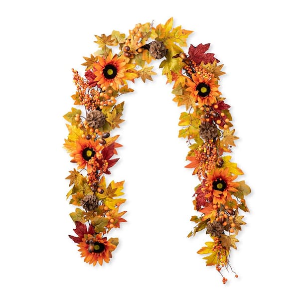 6 ft. Fall Sunflower, Maple Leaf and Berry Unlit Garland