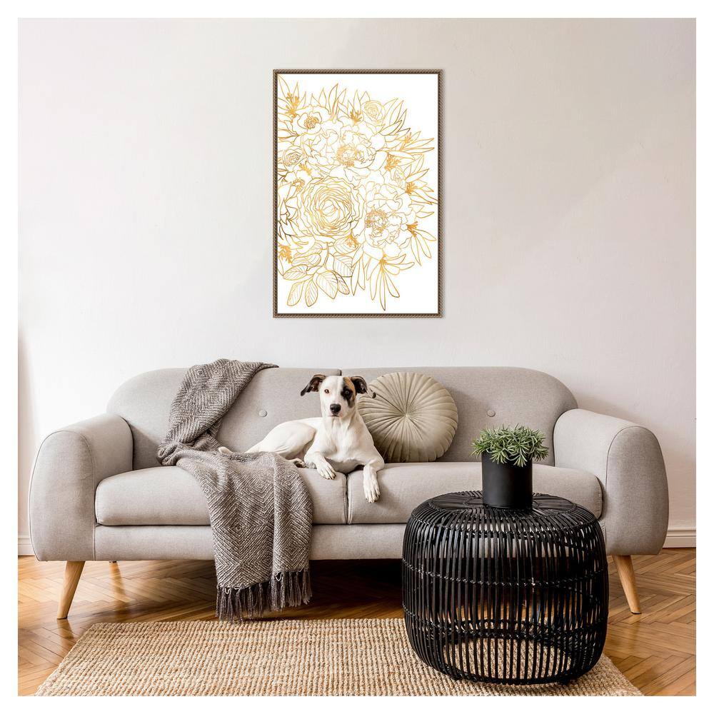 Gold Botanical Rose Beaded Framed Canvas Wall Art