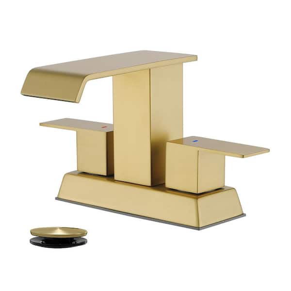 304 stainless steel 4 in. Centerset Double Handle Bathroom Faucet with Drain Kit Included in Gold