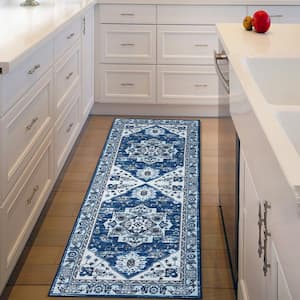 Navy 2 ft. x 6 ft. Washable Floral Persian Runner Area Rug