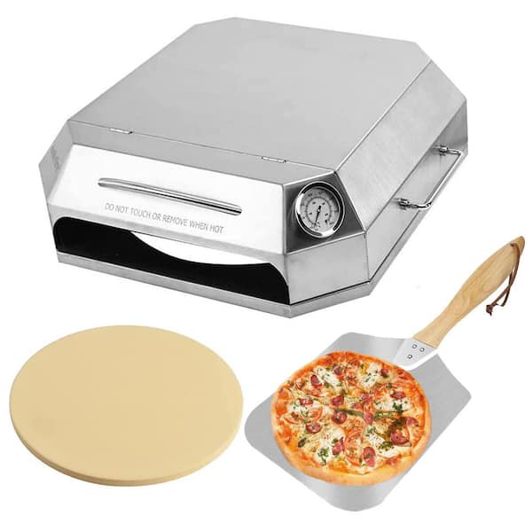 Hitechluxe Grill Top Gas or Charcoal Outdoor Pizza Oven Kit in Silver Stainless Steel with Pizza Stone, Pizza Peel and Thermometer