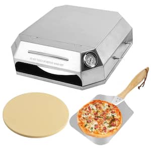 Grill Top Gas or Charcoal Outdoor Pizza Oven Kit in Silver Stainless Steel with Pizza Stone, Pizza Peel and Thermometer