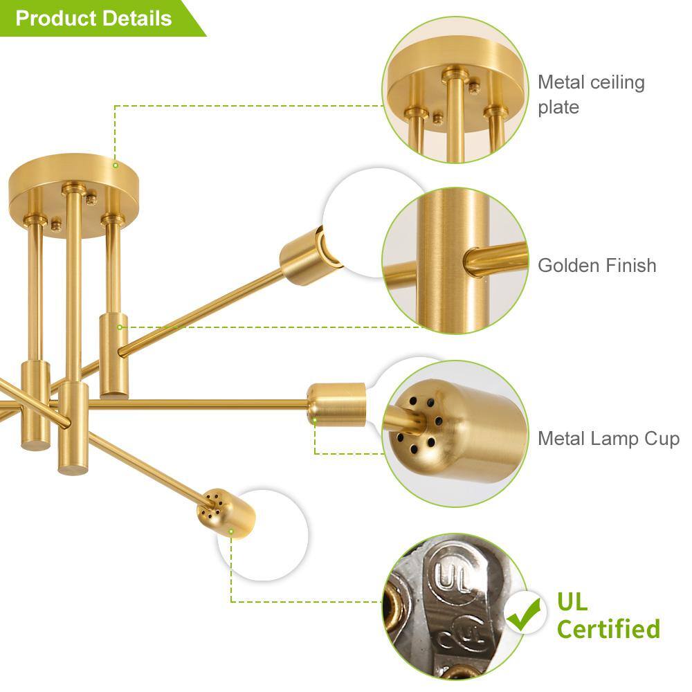 Gold 6-Light Sputnik Semi-Flush Mount Ceiling Fixture
