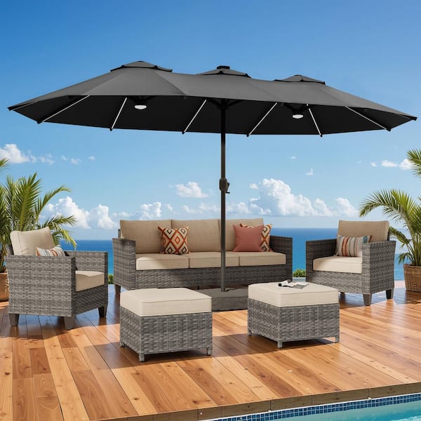 15 ft. Rectangule Outdoor Double Sided Market Patio Umbrella in Dark Gray with Base for Poolside Lawn Backyard Garden