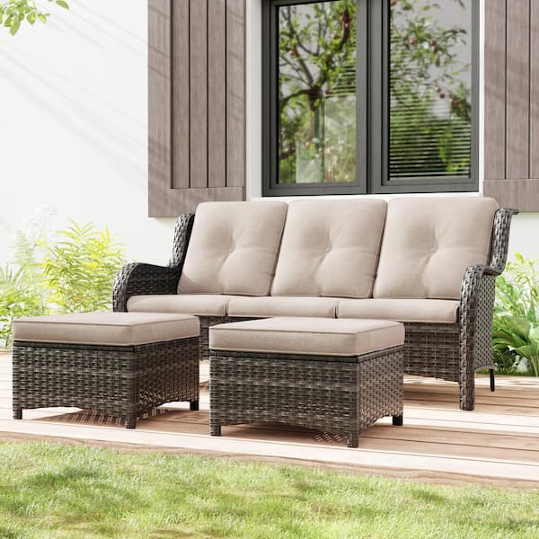 Wicker Outdoor Patio Sofa Sectional Set with Beige Cushions and Ottoman